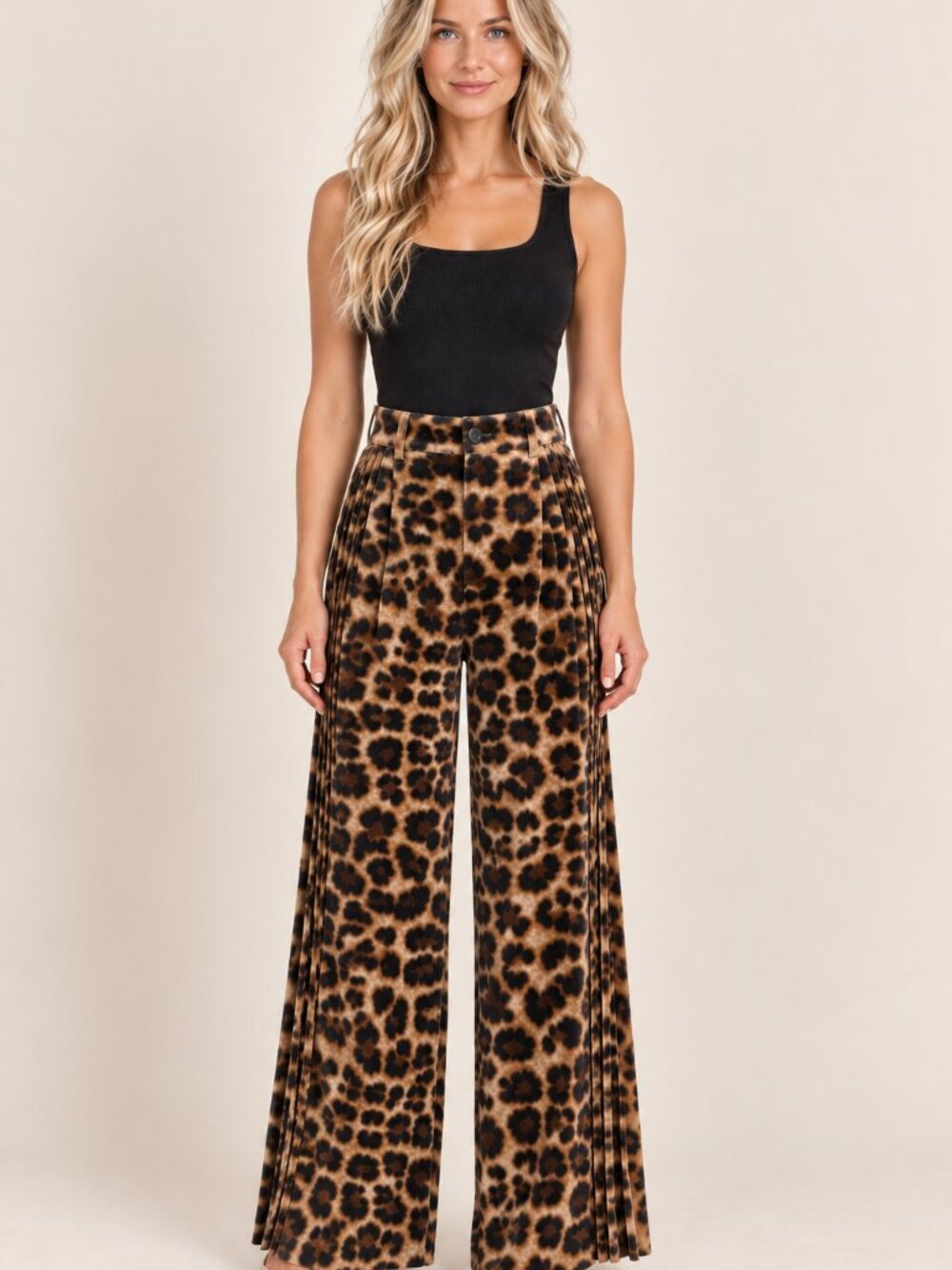 Beulah Style Leopard Wide Leg Button Waist Palazzo Pants Accordion Pleats S NWT
